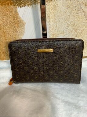 Gianni Valentino Brown Monogram Zip Wallet with Gold Plaque